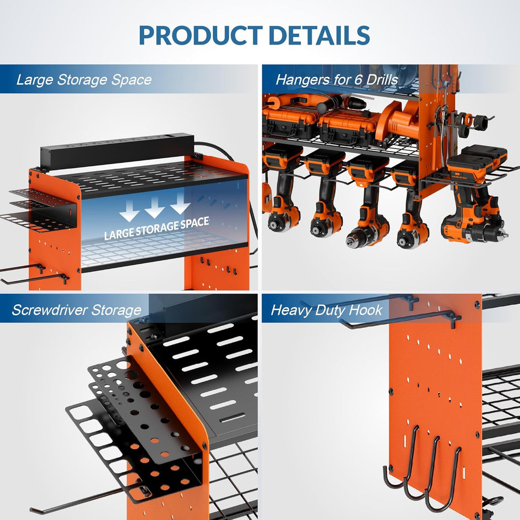 Power Tool Organizer with Charging Station, 4 Layers Garage Storage Rack with 6 Drill Holders, Father's Days Gift For Dad, Wall Mount Garage Organizer Built in 8 Outlets Power Strip, Orange