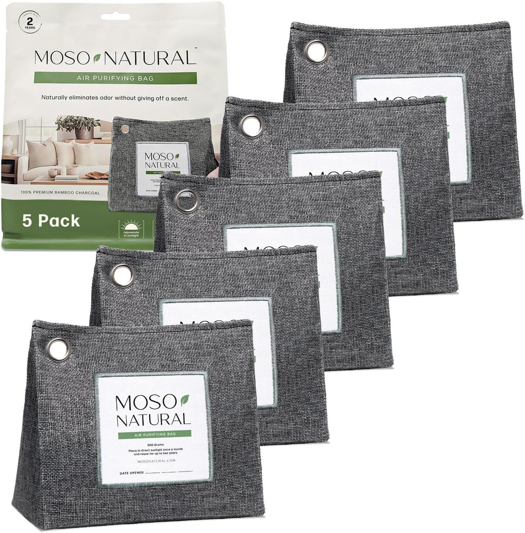 Moso Natural Air Purifying Bag 600g (21oz) Premium Bamboo Charcoal Odor Absorber | Room Deodorizer for Large Spaces, Bedroom, Kitchen, Basement | Pet Odor Eliminator for Home | Unscented (5 Pack)