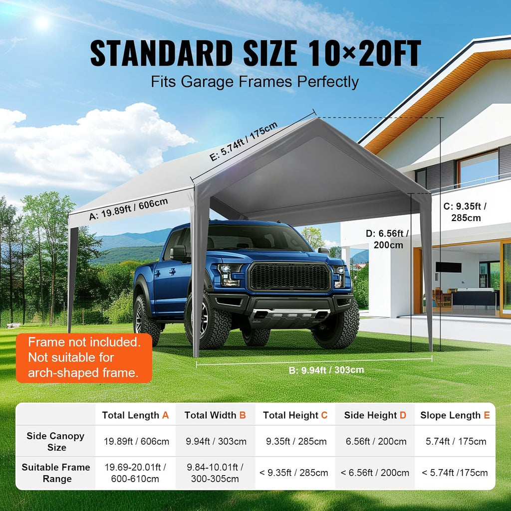 VEVOR Carport Replacement Canopy Cover 10 x 20 ft, Garage Top Tent Shelter Tarp Heavy-Duty Waterproof & UV Protected, Easy Installation with Ball Bungees,Grey (Only Top Cover, Frame Not Include)