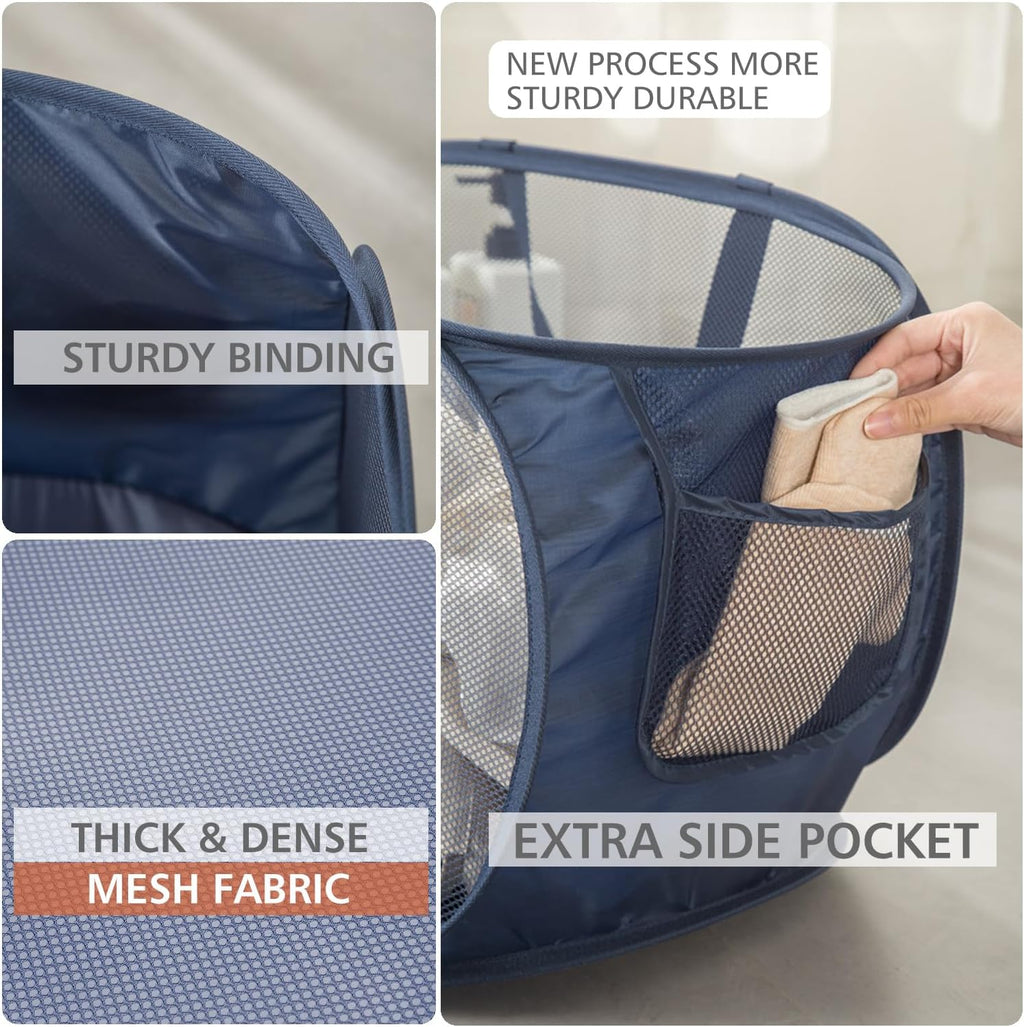 Sturdy Mesh Laundry Hamper Basket Bag,Pop up Basket with Side Pocket for Laundry Room, Bathroom, Kids Room, College Dorm or Travel (Pop Horizontal, Pink)