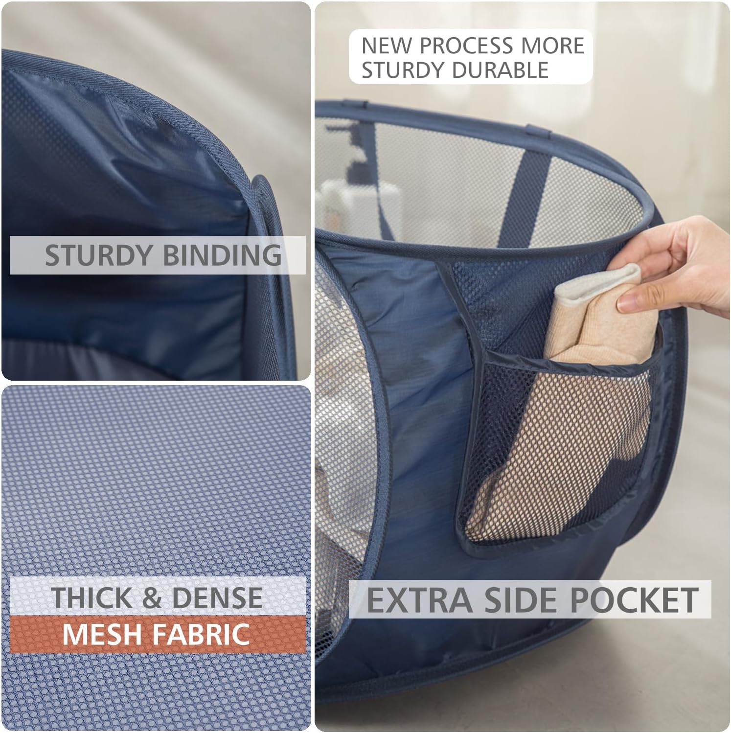 Sturdy Mesh Laundry Hamper Basket Bag,Pop up Basket with Side Pocket for Laundry Room, Bathroom, Kids Room, College Dorm or Travel (Pop Horizontal, Grey + Grey)