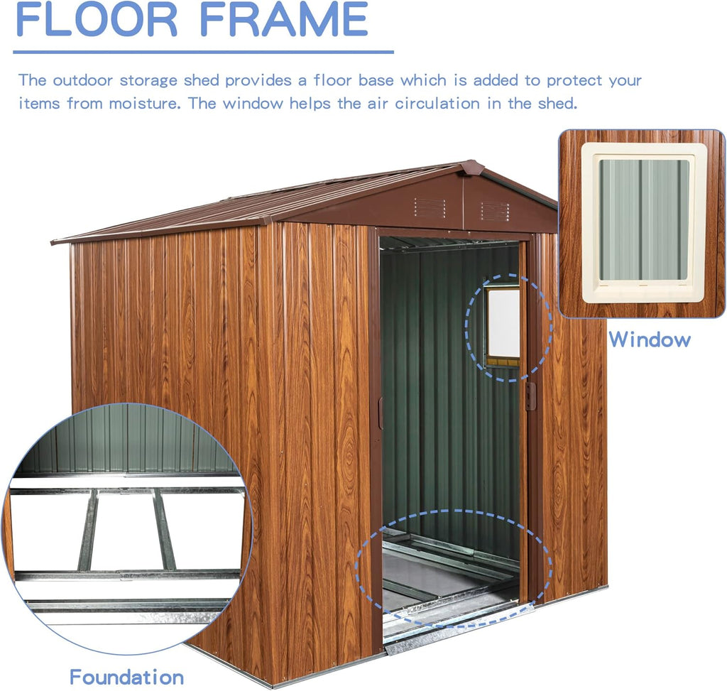 6x6 FT Outdoor Storage Shed, Metal Garden Shed with Frame Floor, Outside Tool Shed with Window, Waterproof Storage Building with Lockable Sliding Doors & Sloped Roof for Backyard, Patio, Coffee