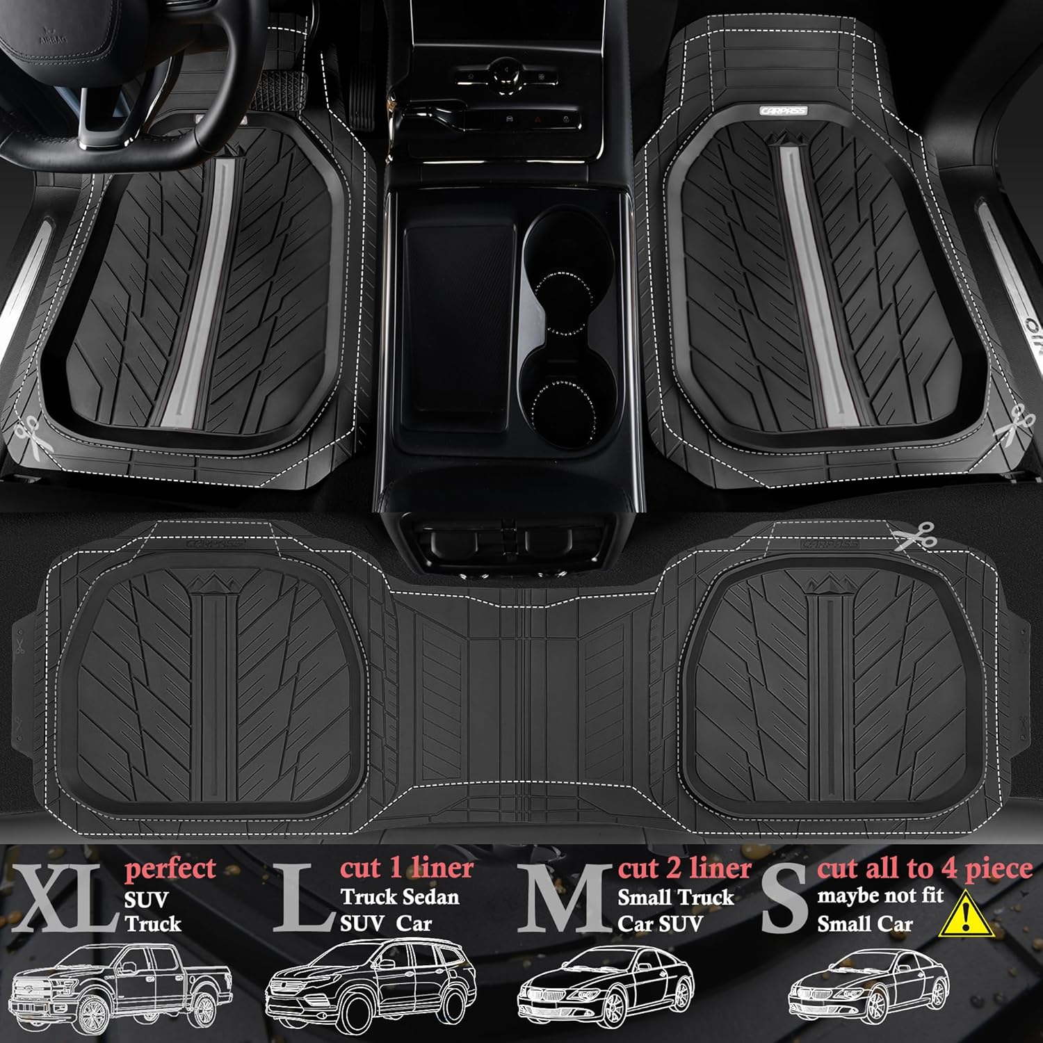 CAR PASS Tire Tread DeepDish Rubber Floor Mats for car Heavy Duty car mats All Weather, Universal XL~M Trim to Fit for Truck SUV Vehicle Automotive, Waterproof car mats 3 Piece(Gray Black)