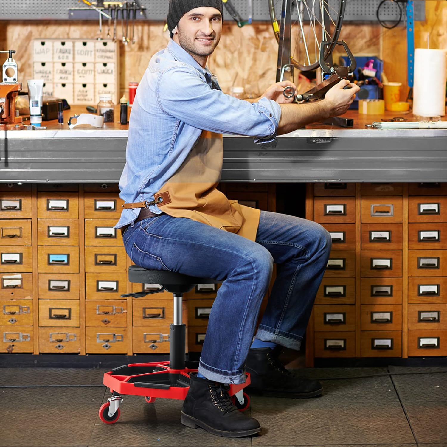 Goplus Garage Stool, 16”-22” Adjustable Rolling Mechanic Stool with Universal Wheels, Removable Magnetic Tool Tray, 2” Thick Padded Cushion, 330LBS Capacity, Roller Creeper Seat, Shop Chair