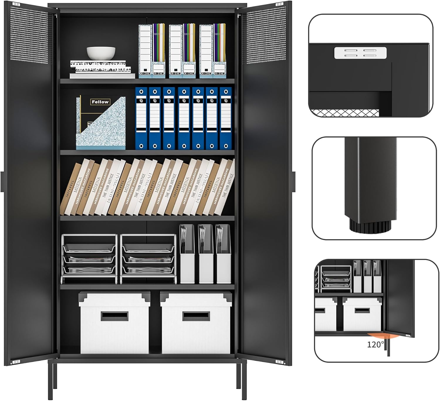 Metal Storage Cabinets with 4 Adjustable Shelves，Black Metal File Cabinet, 71'' Steel Storage for Home & Office, School,Kitchen Pantry,Tool Cabinet，Garage, Black