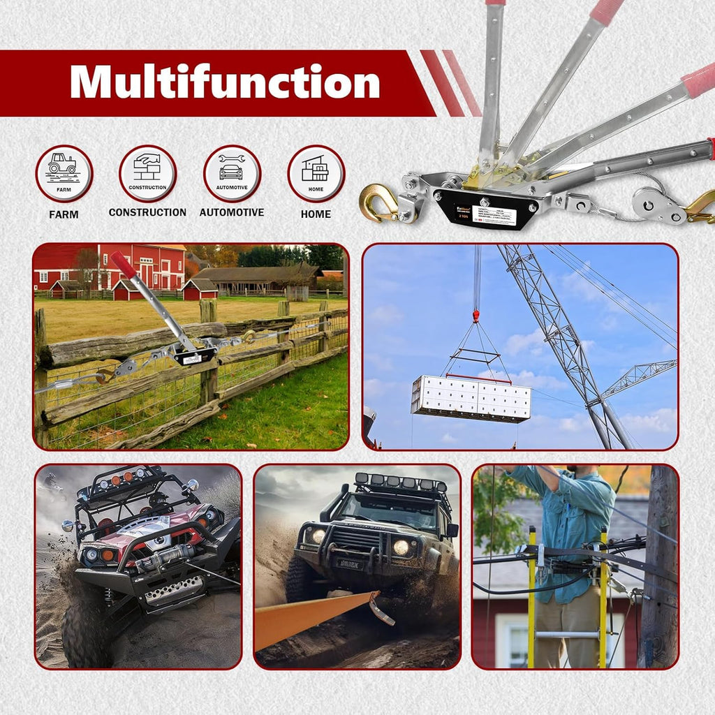 Come Along Winch 2T, Pulling Capacity 12 FT Steel Cable 2 Hooks, with Two 1"x8FT Lifting Straps, Heavy Duty Come Along Tool with Dual Gears, Heavy Duty Hoist Cable Puller for Vehicle Rescue