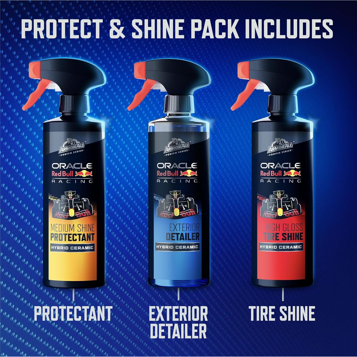 Armor All Podium Series 3-Piece Protect & Shine Car Detailing Kit Developed with Oracle Red Bull Racing, Includes Hybrid Ceramic Exterior Detailer, Tire Shine, and Interior Protectant, 16 fl oz Each
