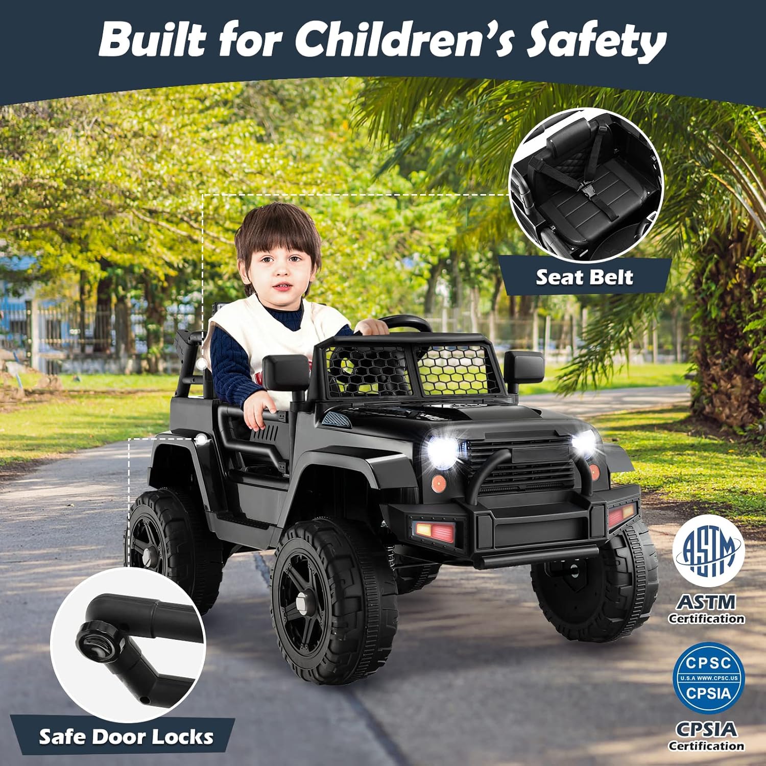 Costzon Ride on Car, 12V Battery Powered Truck Vehicle with Remote Control, Spring Suspension, Headlights, Music, Horn, MP3, USB & Aux Port, Gift for Boys Girls, Electric Car for Kids (Black)