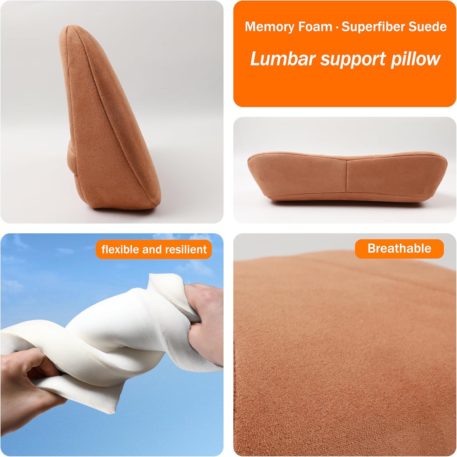 1P Lumbar Support Pillow,15.5x8.7 Memory Foam,Superfiber Suede,Drive car Back Pillows,seat,Office,Rest,Improve Posture(Coffee)