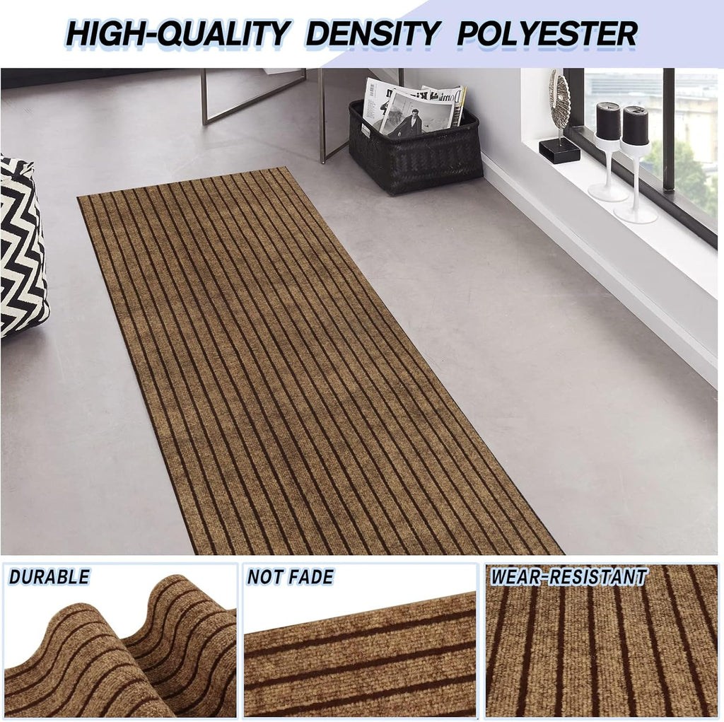 Custom Size Backed Non-Slip Area Rugs Runner, Easy Clean, Waterproof Runner Rugs for Hallway Entryway, Kitchen, Laundry, 4FT x 43FT, Brown Stripe