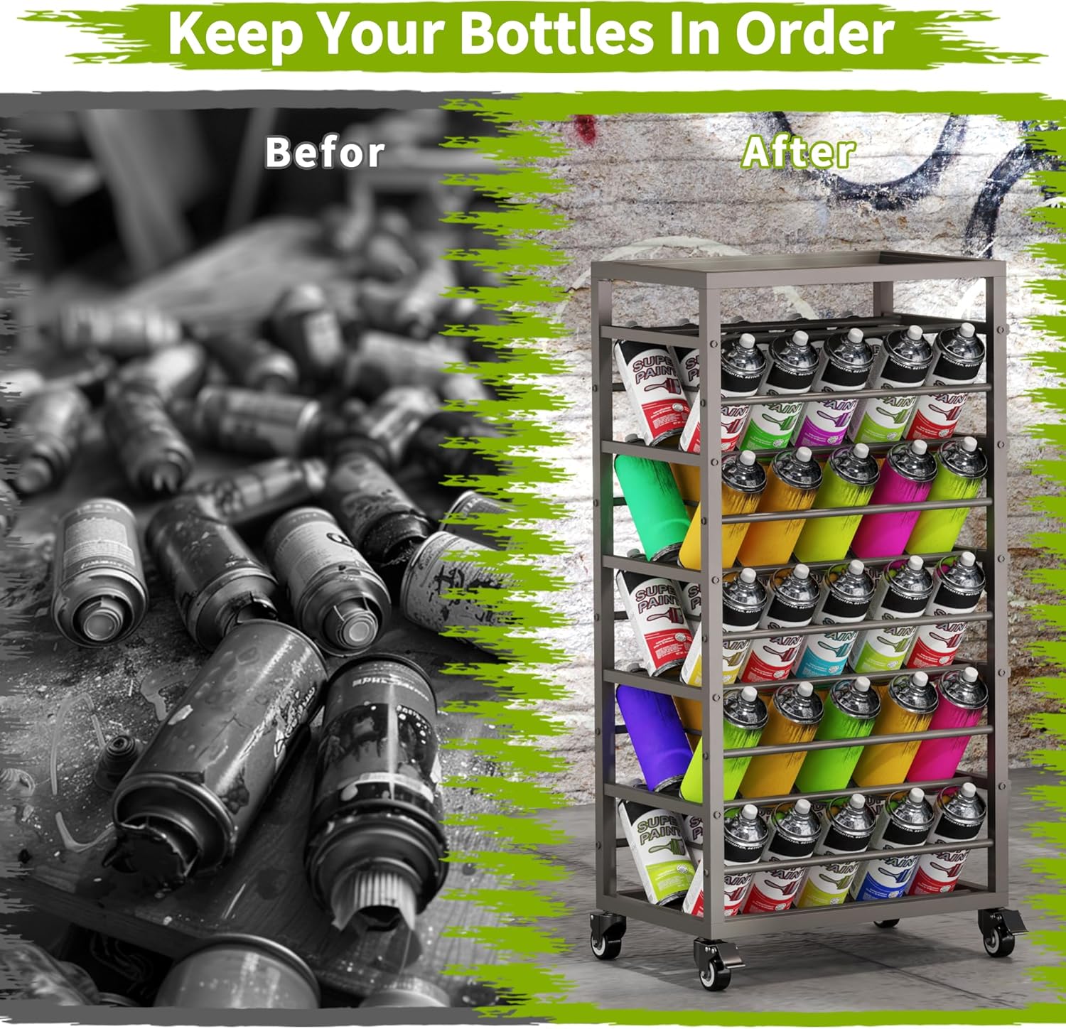 50 Spray Paint Storage Holder, Rolling Spray Can Storage Rack, Heavy Duty Paint Aerosol Can Organizer, Lube Can Holder Cart, Lube Bottle Organizer Rack for Garage,Shop, Craft Workroom