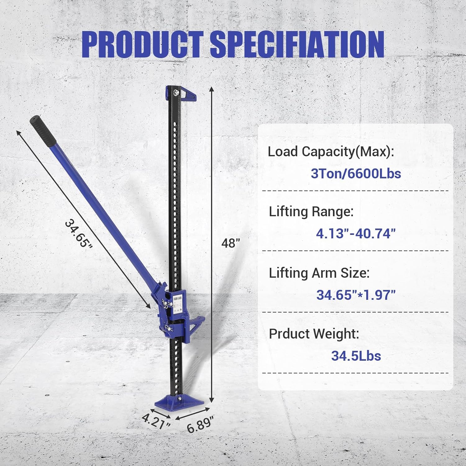 Multi-Functional Lift Jack, Farm Jack Heavy Duty Off Road, for Tractor, Truck, SUV, ATV, UTV, Off Road Accessories, Durable 3 Ton with Wide Base & Ratcheting Mechanism