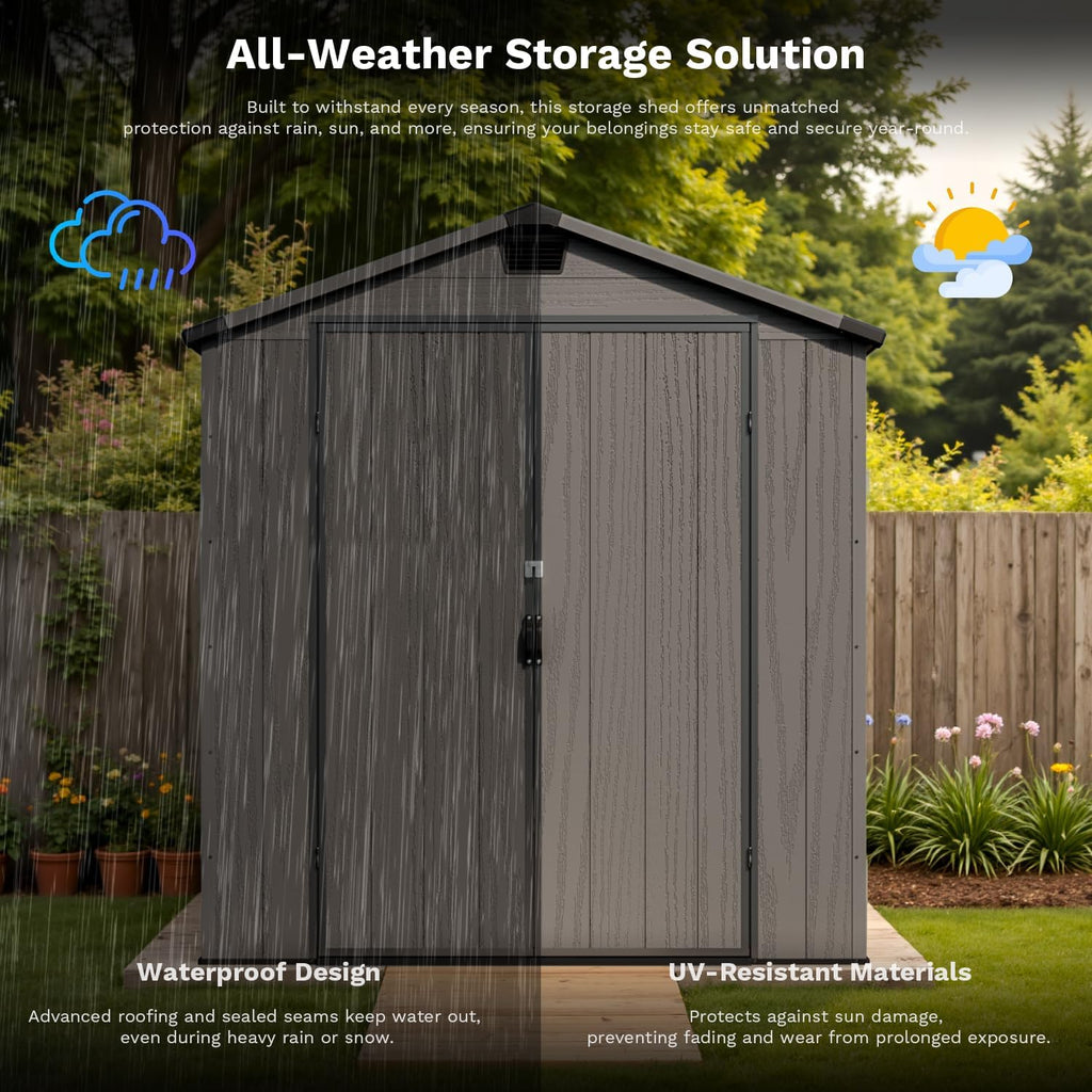 Patiowell 6 x 6 FT Plastic Outdoor Storage Shed with Floor, Resin Outside Tool Shed with Two Windows and Lockable Door for Garden, Backyard, Tool Storage Use, Easy to Install, Dark Grey