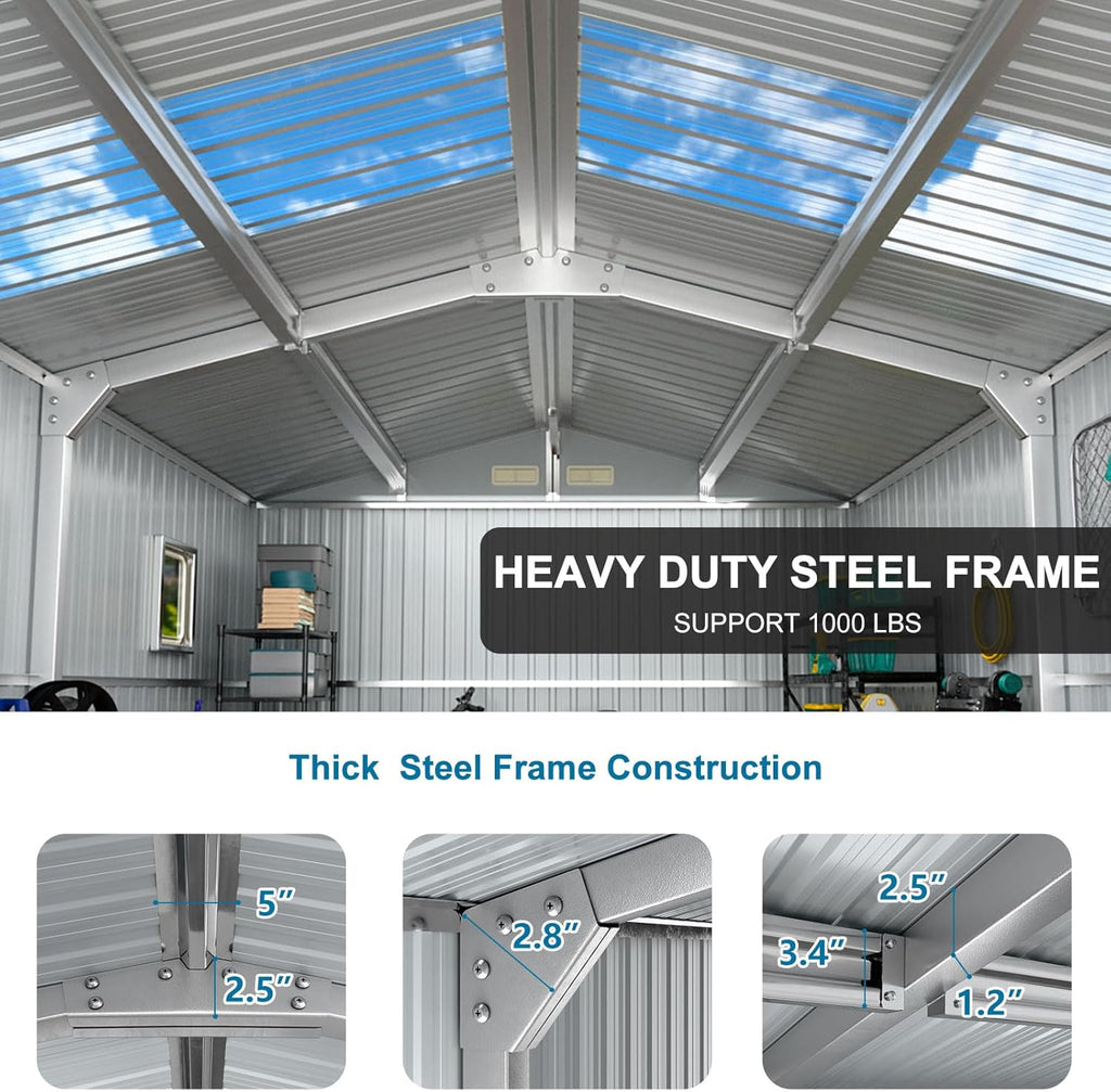 10x12 FT Metal Outdoor Shed with Floor Frame Kit Extra Large Waterproof Tools Storage House with Transparent Top Panel Windows Air Vent for Garden Backyard to Store Bikes,Lawnmower,Dark Grey