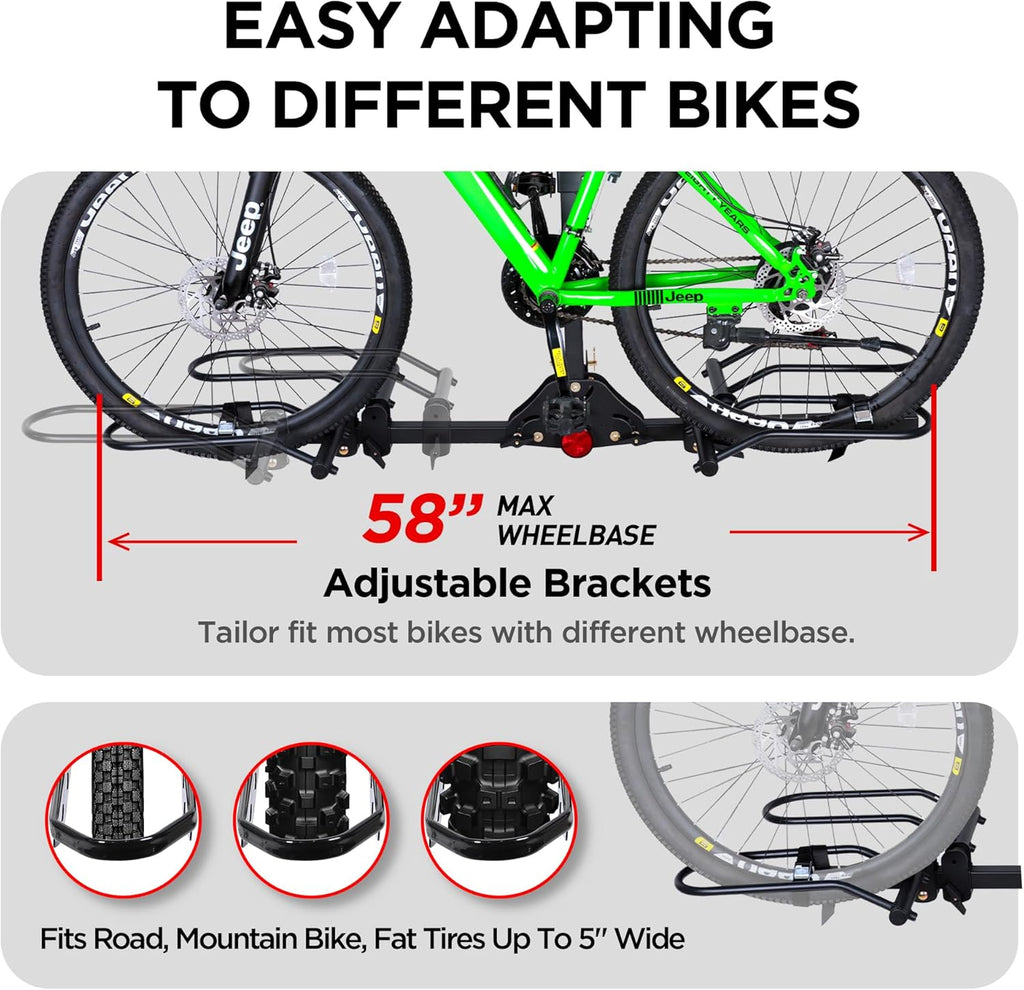 Rockland Foldable 2-Bike Rack with Lock, 200 lbs Capacity, Hitch Mount Bike Rack, Fits up to 5" Fat Tire Width and 50" Wheelbase, Bike Carrier Rack for 2" Receiver for Cars SUVs Vans RVs