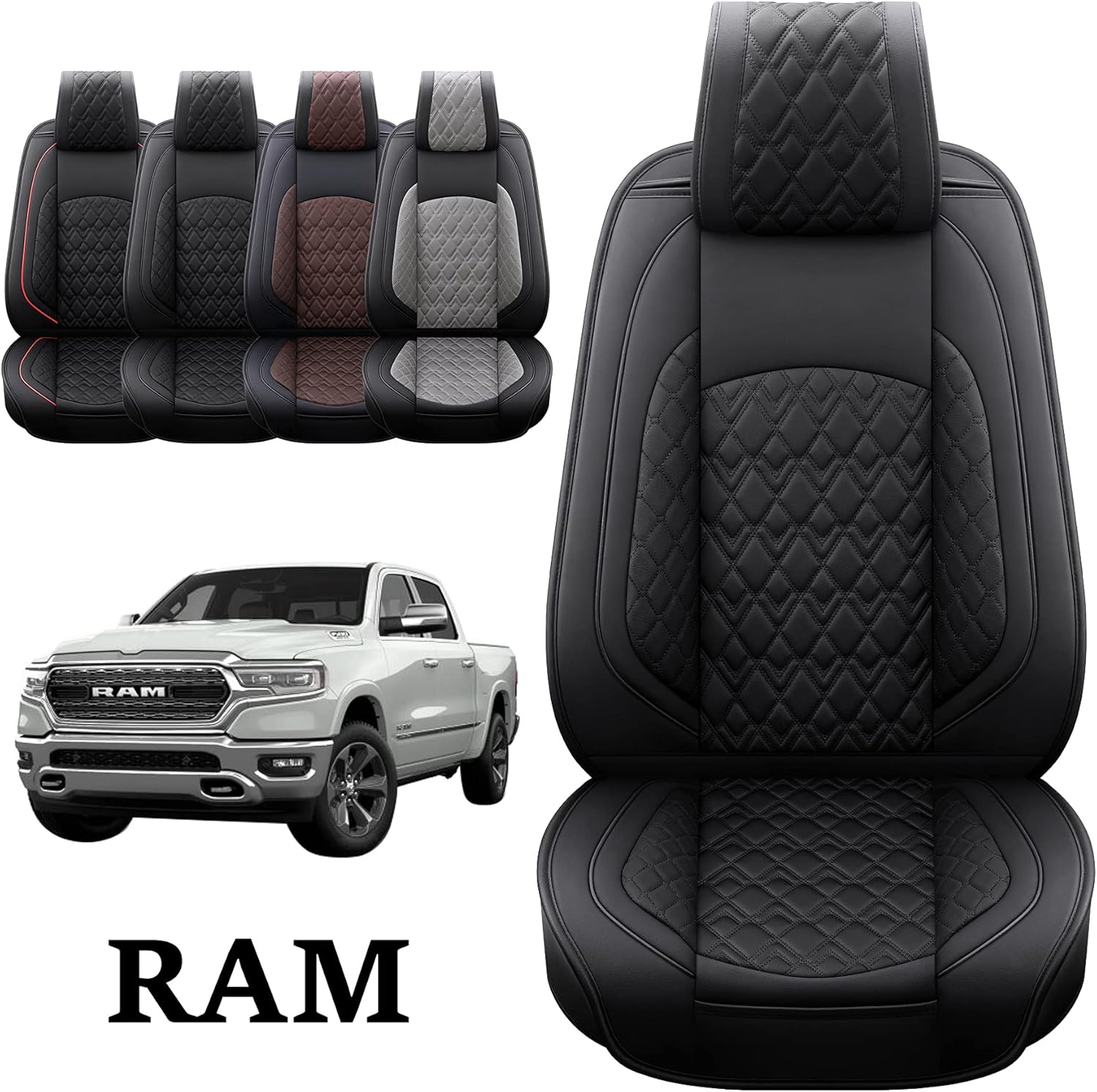 JOJOBAY Car Seat Covers for Dodge Ram Full Set,Fit Ram 2009-2023 1500/2500/3500 Pick-up Truck,Crew,Regular,Quad,Mega Cab,Waterproof Leather Seat Covers Protectors（5 PCS Full Set,Black）