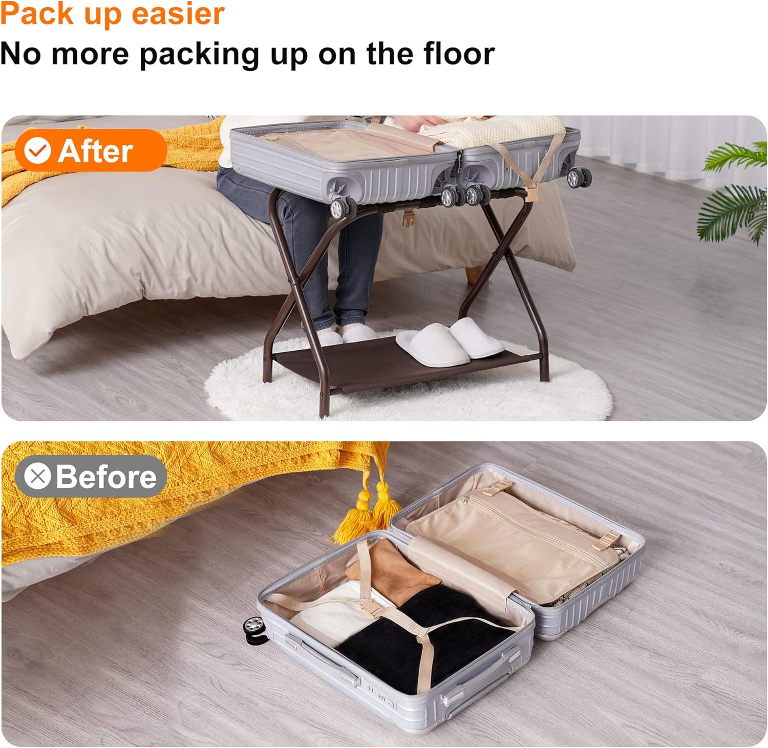 Heybly Luggage Rack, Steel Folding Suitcase Stand with Storage Shelf for Bedroom, Hotel, Foldable Steel Frame, Guest Room Bedroom Hotel, 22.8" L x 11.8" W x 20.9" H, Brown HLR004Z1