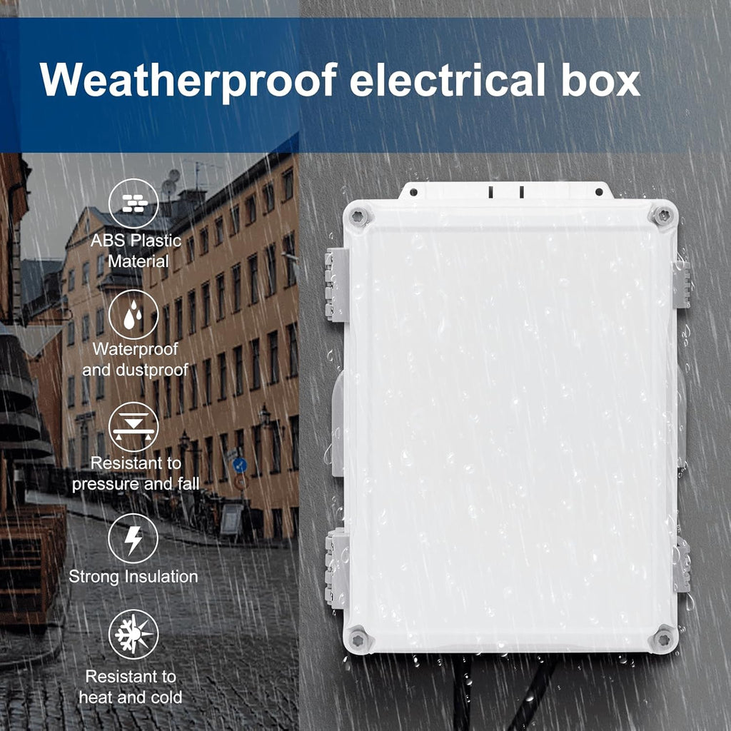 Outdoor Electrical Junction Box, ABS Water Resistant Enclosure with Internal Mounting Panel & Hinged Cover (12.6" H x 9.4" L x 5.7" W)