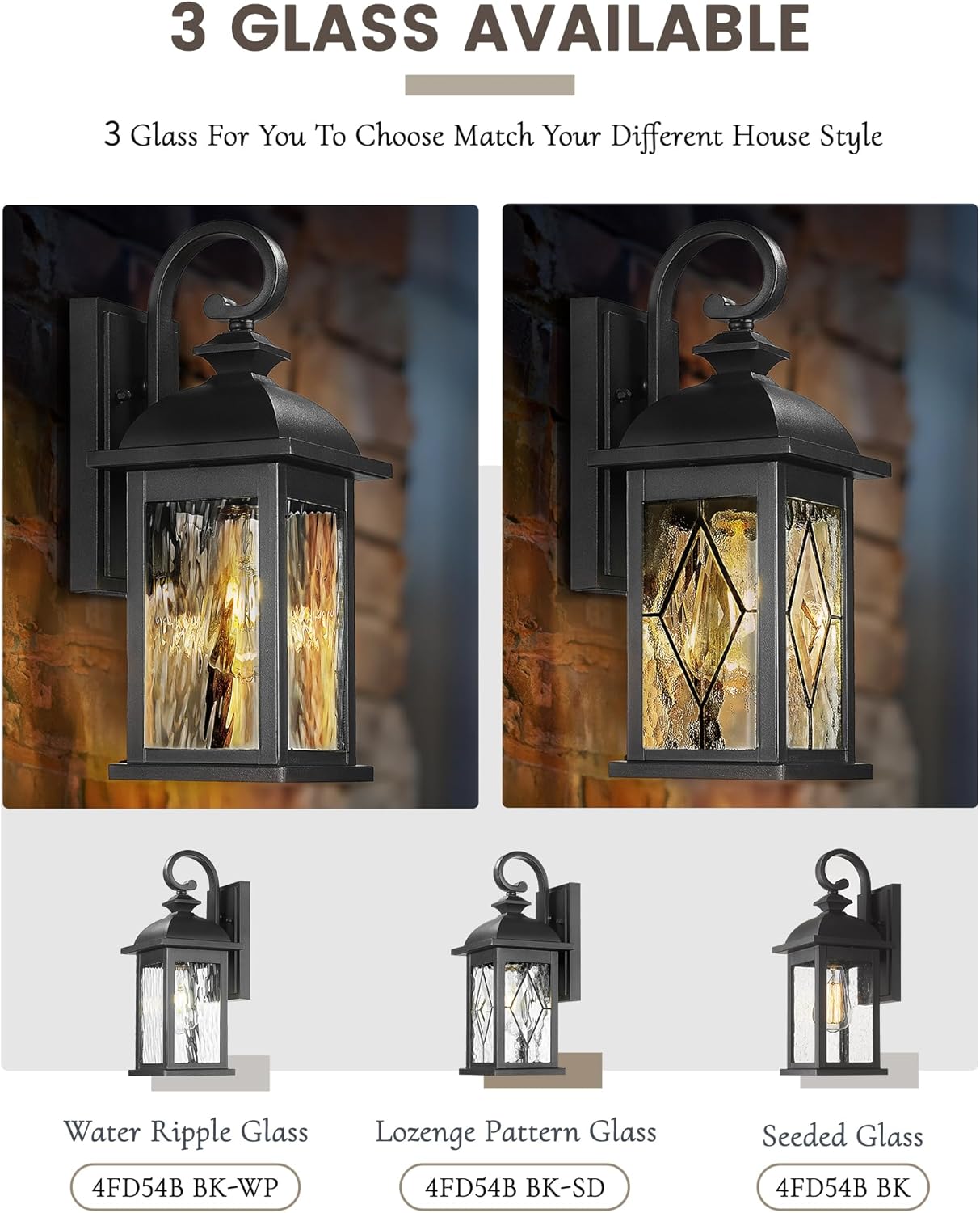 FEMILA 15" Exterior Wall Sconce, 2-Pack Outdoor Waterproof Wall Lights Fixture, Anti-Rust Matte Black Finish with Water Ripple Glass,4FD54B-2PK BK-SD