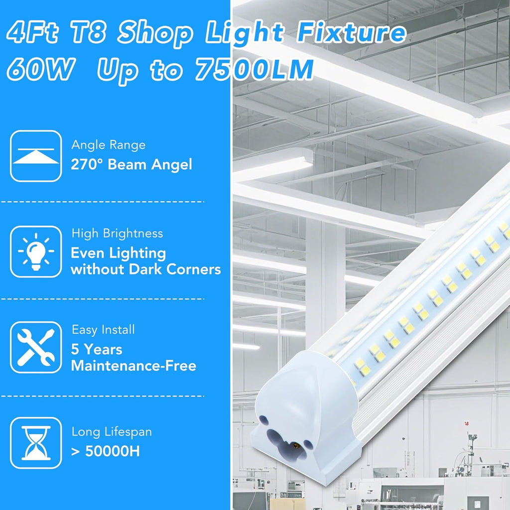 T8 LED Shop Lights, 4 Pack Garage Light 4FT 60W 9600LM 6000K, Work Lights Ceiling LED, Linkable Lighting, Plug & Play Energy-Saving for Warehouse Basement Gym Room(V4)