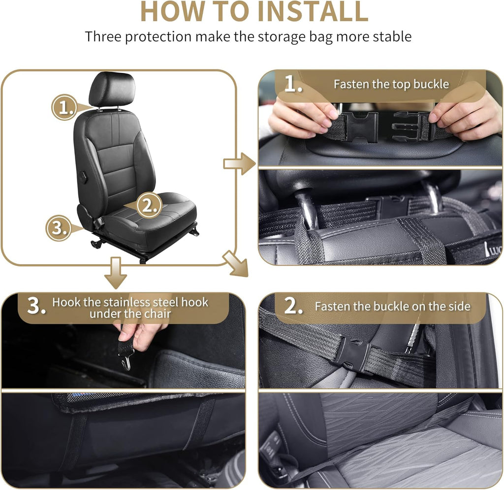 LUCMO Car Backseat Organizer with Tablet Holder,6 Storage Pockets Car Storage Organizer with Foldable Food Tray,Protectors Kick Mats Travel Accessories-Black