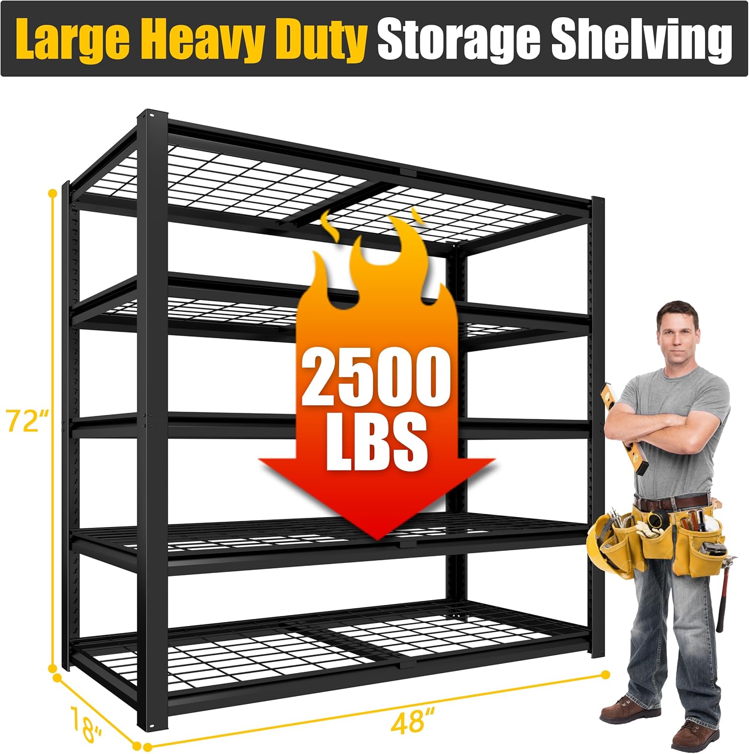 PrimeZone Heavy Duty Storage Shelves - 48" W X 18" D X 72" H Adjustable Garage Wire Shelving Unit, 5 Tier Industrial Metal Shelf Standing Utility Rack for Warehouse, Pantry, Basement, Black, 4 Pack