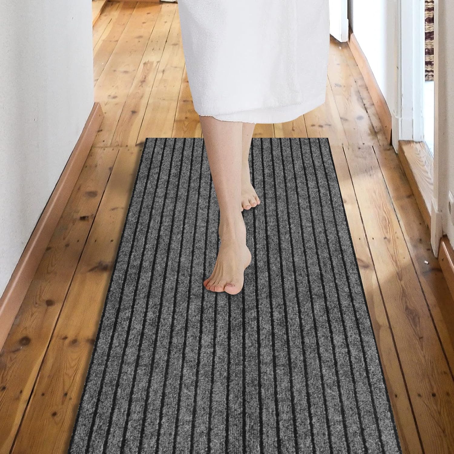 Custom Size Backed Non-Slip Area Rugs Runner, Easy Clean, Waterproof Runner Rugs for Hallway Entryway, Kitchen, Laundry, 3FT x 40FT, Gray Stripe