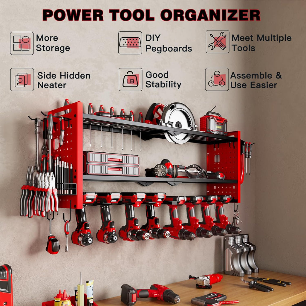 Power Tool Organizer Wall Mount,Cordless Drill Hanger Storage Rack 8 Drill Holder,3 Layers Heavy Duty Power Tool Storage Rackr(Red)