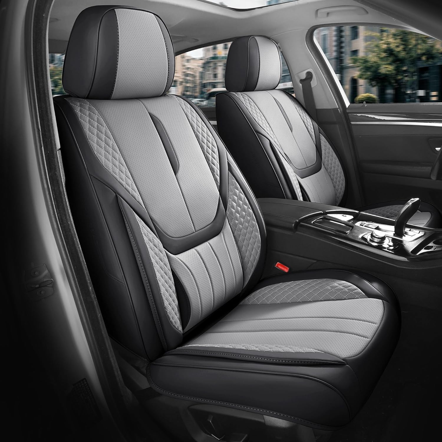 Car Seat Covers Full Set - Universal Seat Covers for Cars SUV Truck – Faux Leather Automotive Seat Covers, Breathable & Waterproof Front and Rear Seat Protectors, Fit for Most Cars-BlackGrey