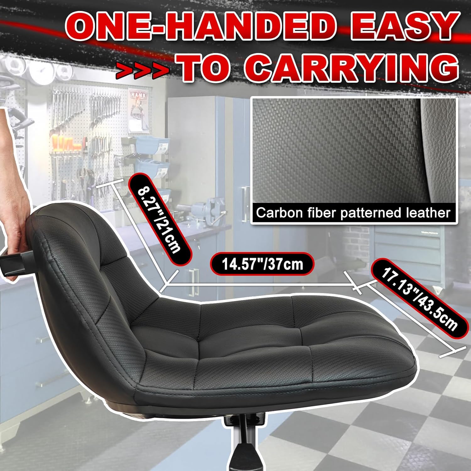 Rolling Stool with Wheels, Adjustable Height Pneumatic Garage Work Mechanic Stool Seat with Backrest, 400 LBS Capacity 360° Swivel Mechanic Crepper Chair with Tool Tray Storage, Black