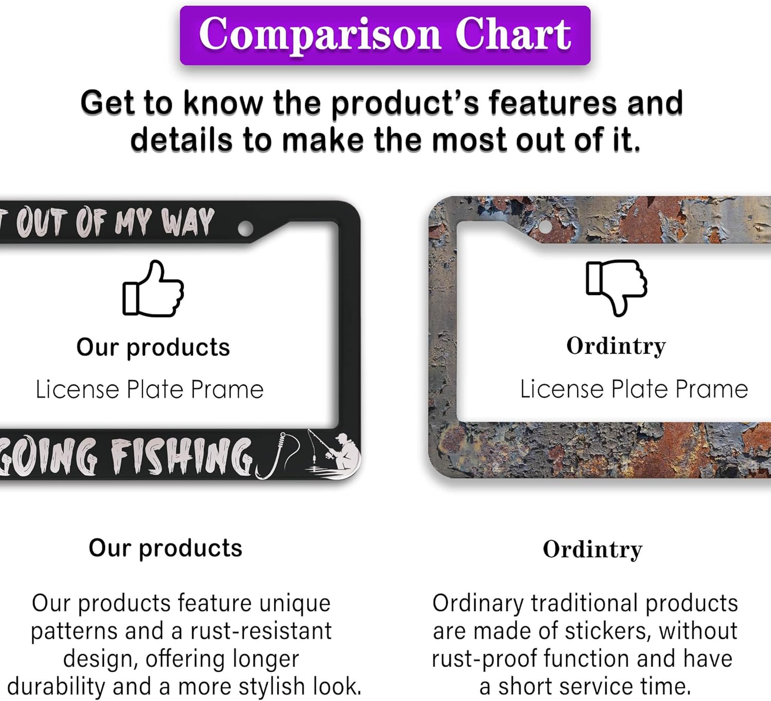 Car License Plate Frame Black and White License Plate Frames Get Out of My Way I'm Going Fish Aluminum Metal Car Accessory 2 Pack with Screw Covers Set