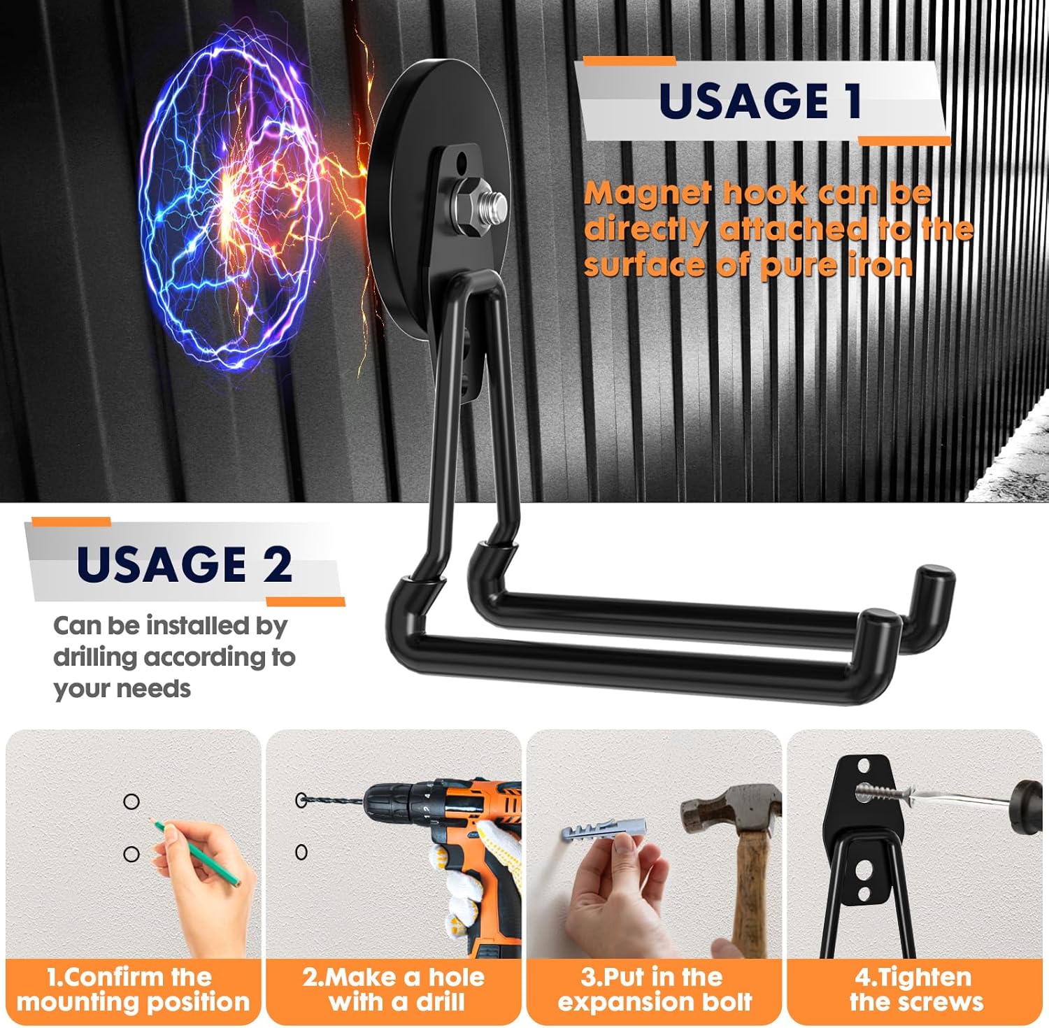 Heavy Duty Storage Magnetic Utility Hooks Large Garage Magnet Hooks with Anti-Slip Coating for Metal Cabinet,Pegboard,Garage Shelve,Garden Tools (Black3pro)