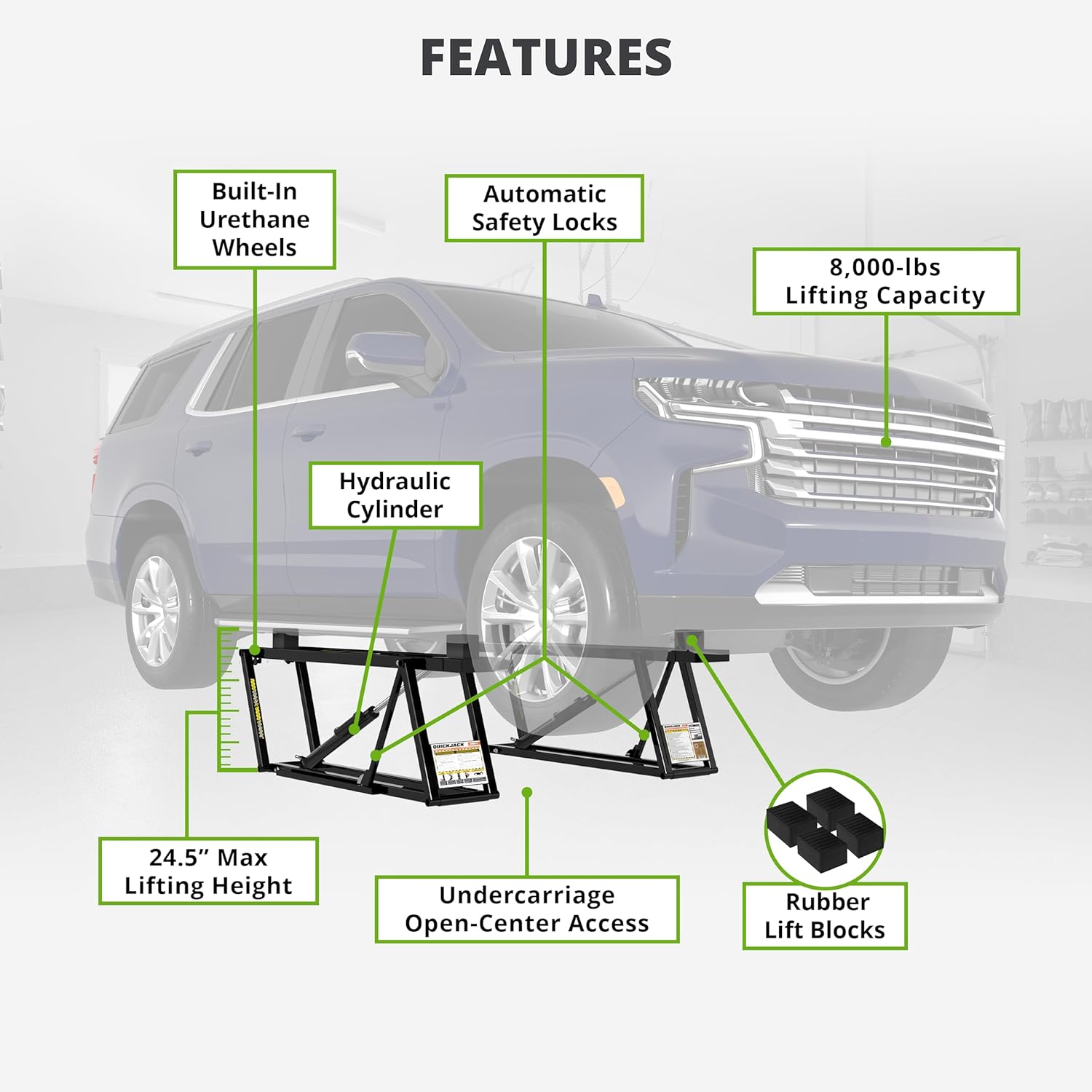 QuickJack 8000TL Portable Car Lift with 8,000lb Capacity, with 110V Power Unit, Safe & Portable Design Garage Lift for Home, Garage, Shop, or Mechanic Auto Repair