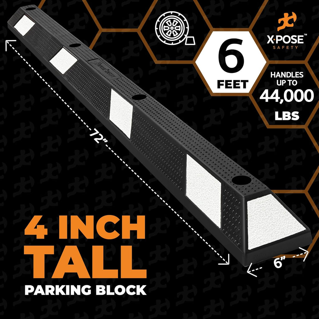 Xpose Safety 72" Heavy Duty Rubber Parking Stopper – 6 Pack Wheel Blocks for Garage, Driveway, or Ramp – Car Bumper Stop with White Reflective Strips – Removable Floor Mount