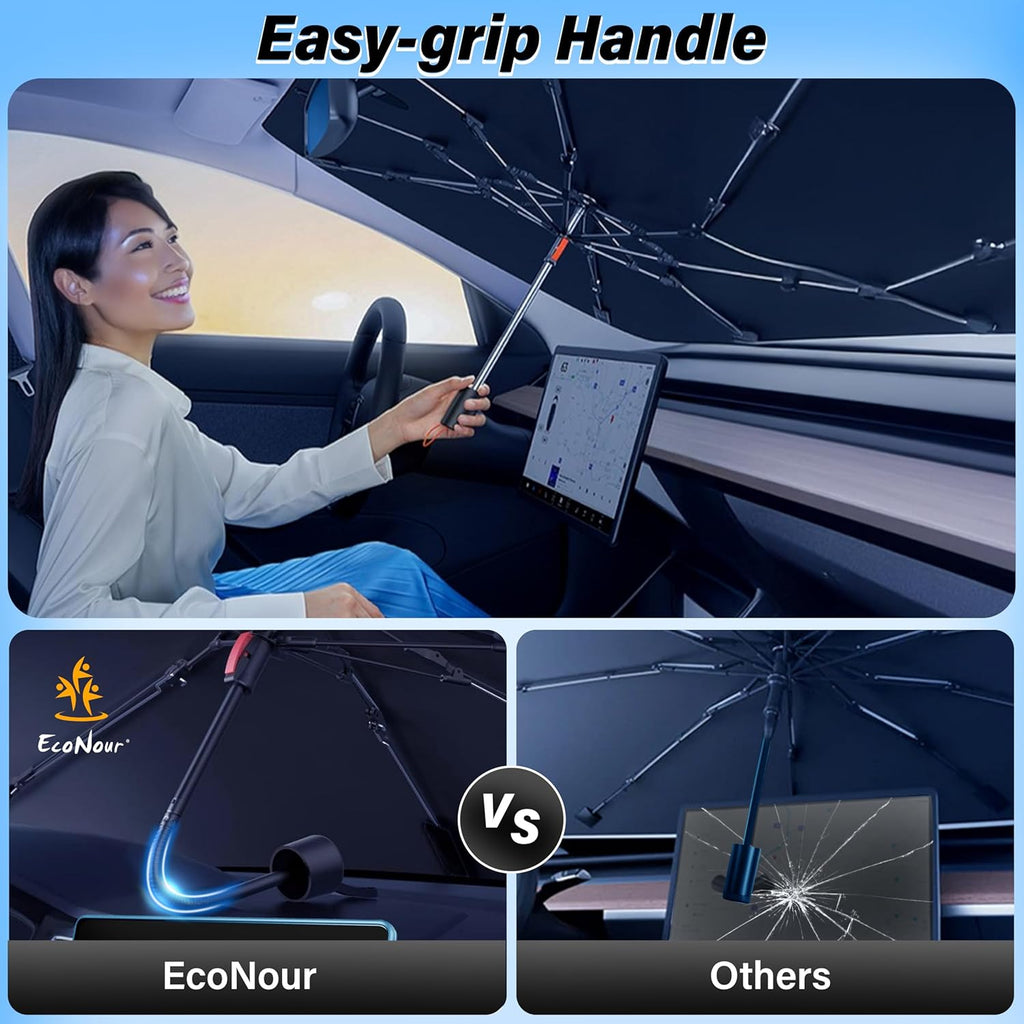 EcoNour Car Windshield Sunshade Umbrella | Foldable Car Umbrella Sun Shade Cover | Front Windshield Shade for Heat and UV Rays Protection | 240T Polyester Umbrella Sunshade | Large (57"x35")