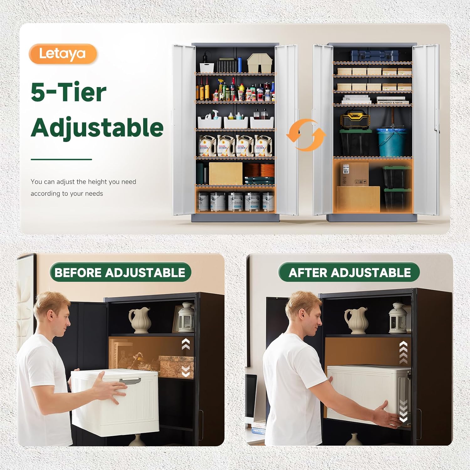 Letaya Metal Storage Cabinet with Lock Door and 5 Shelves,6 Tier Steel Garage Tool Cabinet for Home Office Utility Room 72" H X 36" W X18 D (White Gray)
