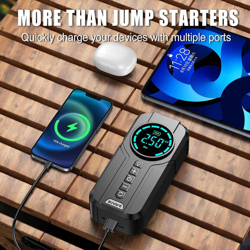 5000A Jump Starter with Air Compressor, 150PSI Battery Jumper Starter Portable for All Gas and 10.0L, 12V Car Jump Starter with Jumper Cable 3 Modes Flashlight and EVA Bag
