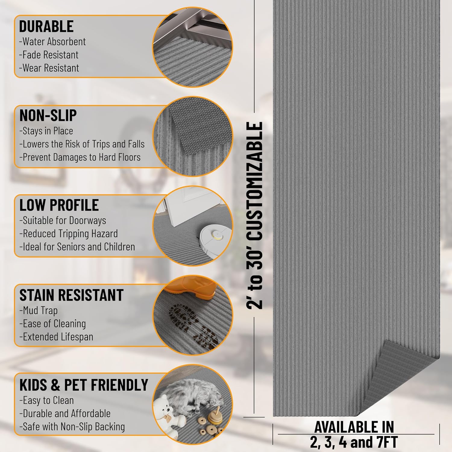 Ottomanson Mud Mat 2'7" x 3' Entryway Rug - Non-Slip Scraper Doormat for Muddy Paws, Dirt Trapping Indoor/Outdoor Mat for High-Traffic Areas, Kitchen, Garage, Patio, Gray