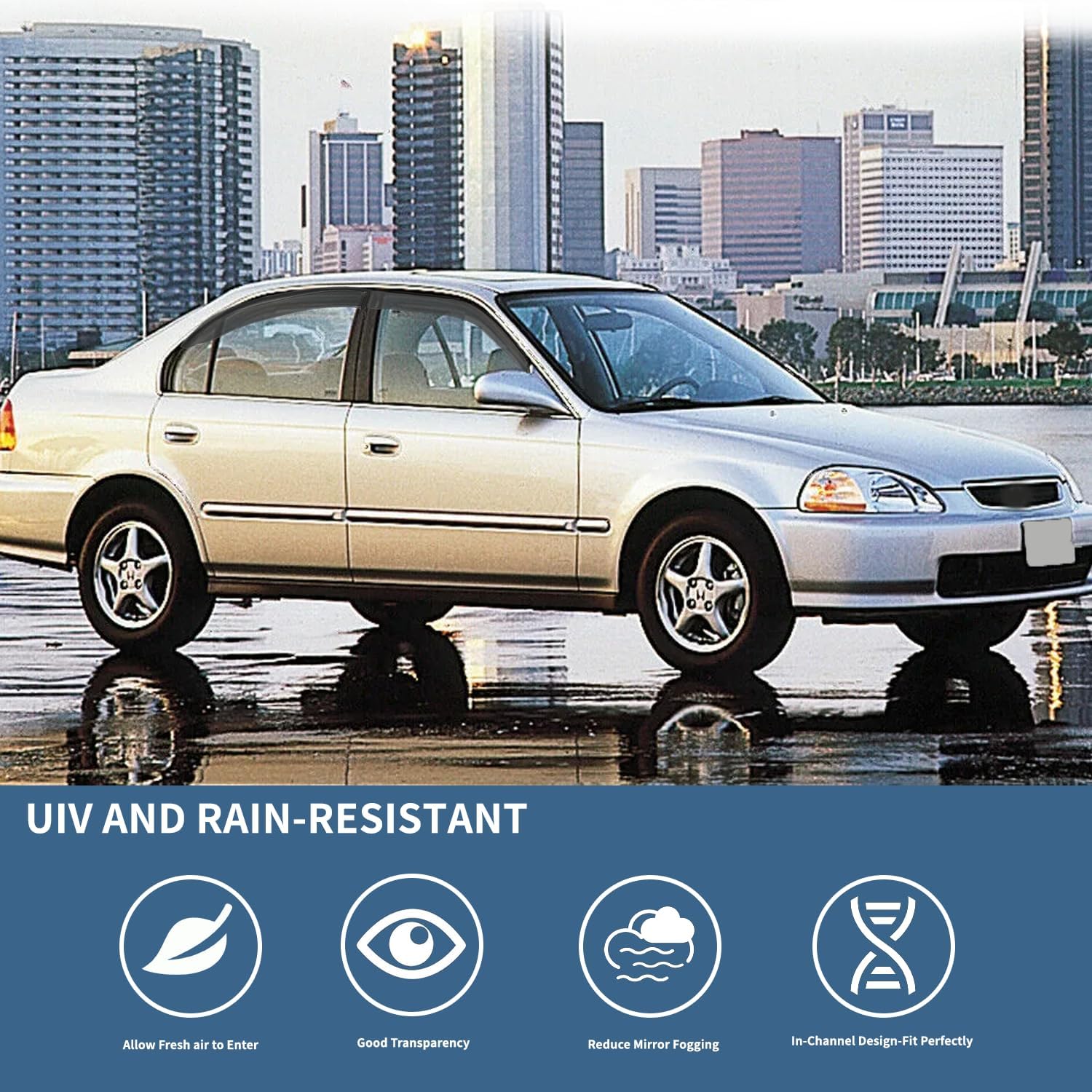4PCS Rain Guards Window Visors Wind Deflector Fits for 1996-2000 Honda Civic 4-Door Sedan, Front & Rear Outside Mount Vent Shade Shield, 1996 1997 1998 1999 2000