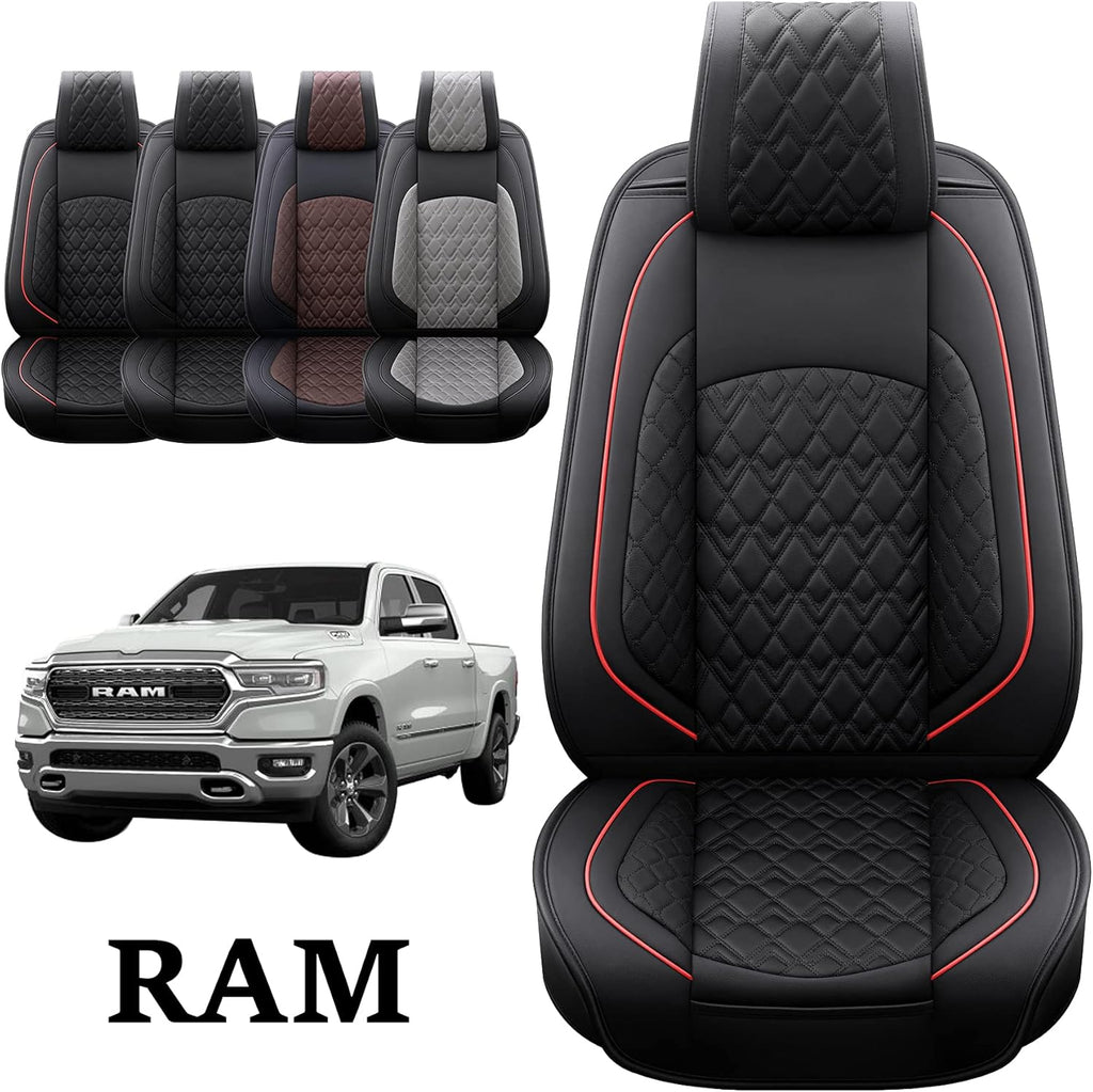 JOJOBAY Car Seat Covers for Dodge Ram Full Set,Fit Ram 2009-2025 1500/2500/3500 Pick-up Truck,Crew,Regular,Quad,Mega Cab,Waterproof Leather Seat Covers Protectors（5 PCS Full Set,Black/Red）