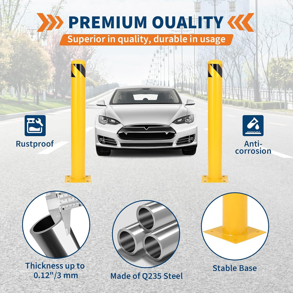 4.5x36 Inch Safety Bollard Post - Yellow Steel Bollard with Anchor Bolts (6-Pack) for Parking Lots, Walkways & Traffic Areas