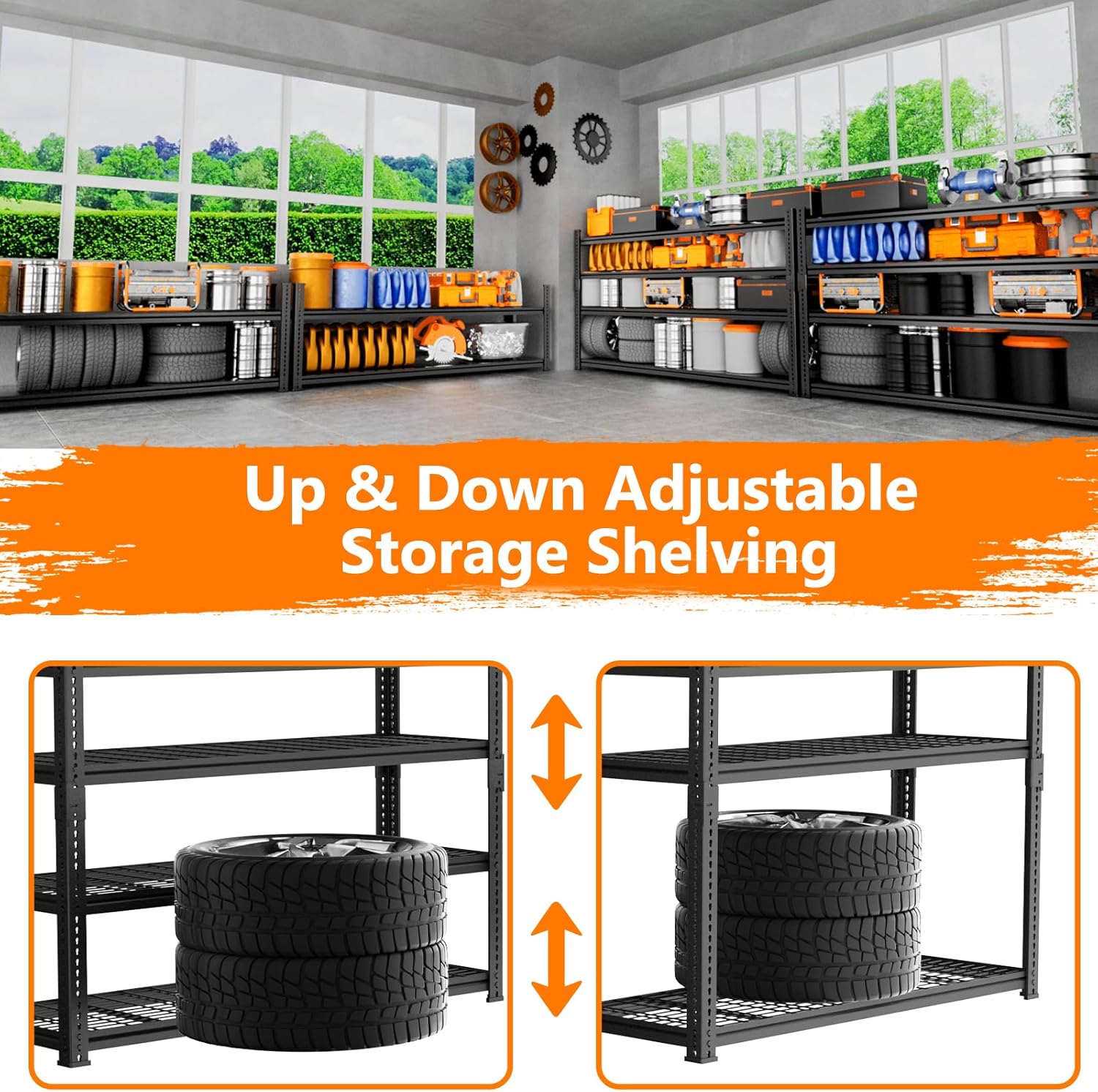 Storage Shelves Heavy Duty, 60" L x 24" W x 78" H Garage Storage Shelves Unit Loads 3700LBS, 5-Tier Adjustable Metal Industrial Utility Shelf Rack for Kitchen, Laundry Room, Warehouse, Basement