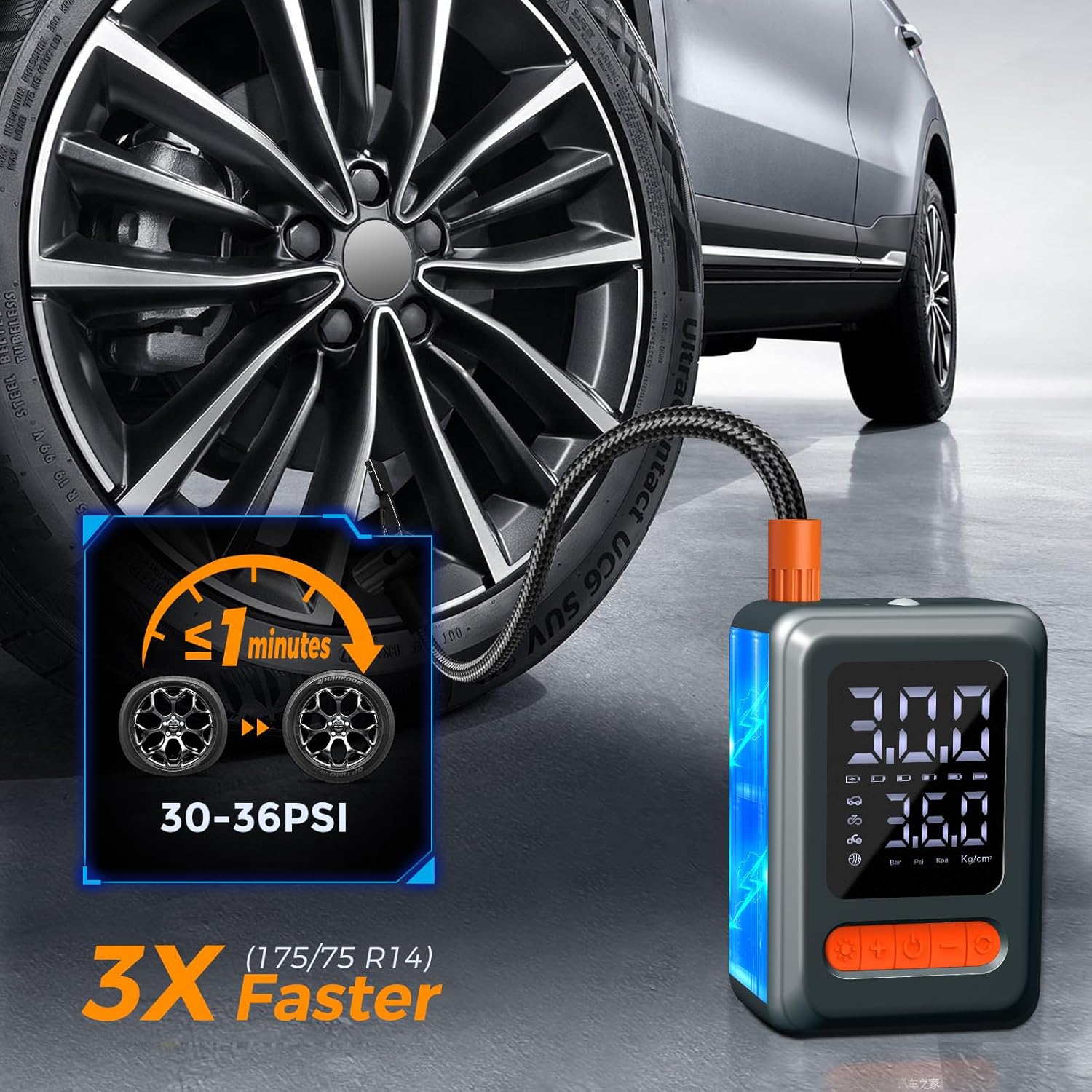 Tire Inflator Portable Air Compressor, 150 PSI Cordless Mini Bike Tire Pump, Air Pump for Auto, Motorcycle, Bicycle, Balls with Pressure Gauge&LED Light, Grey, Medium
