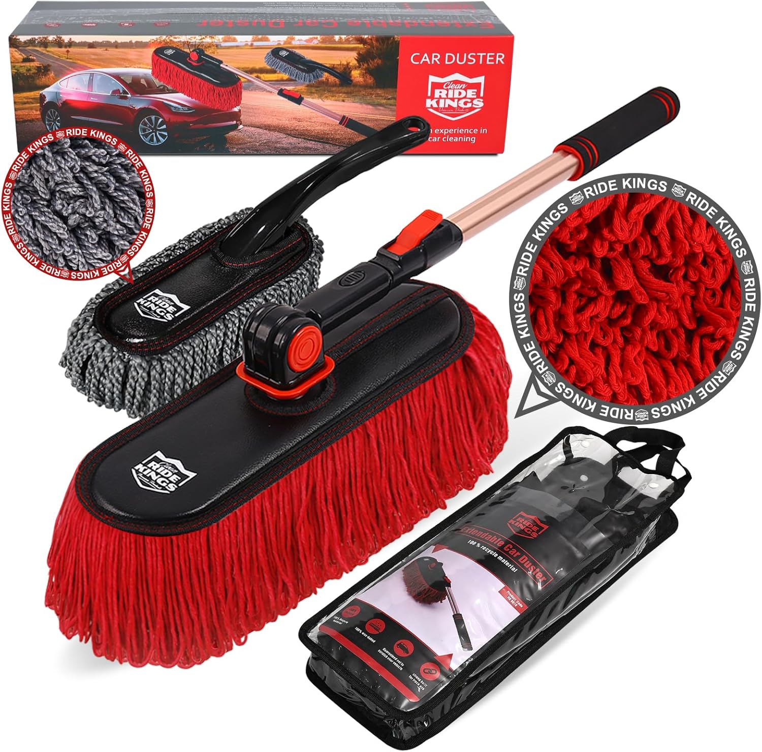 Car Duster Exterior Scratch Free,Car Dust Brush with Extendable Telescoping Handle to Remove Dust Pollen,Duster for Car,Truck,RV and Motorcycle,Large Auto Mop Duster Head, Wax Cotton Hair