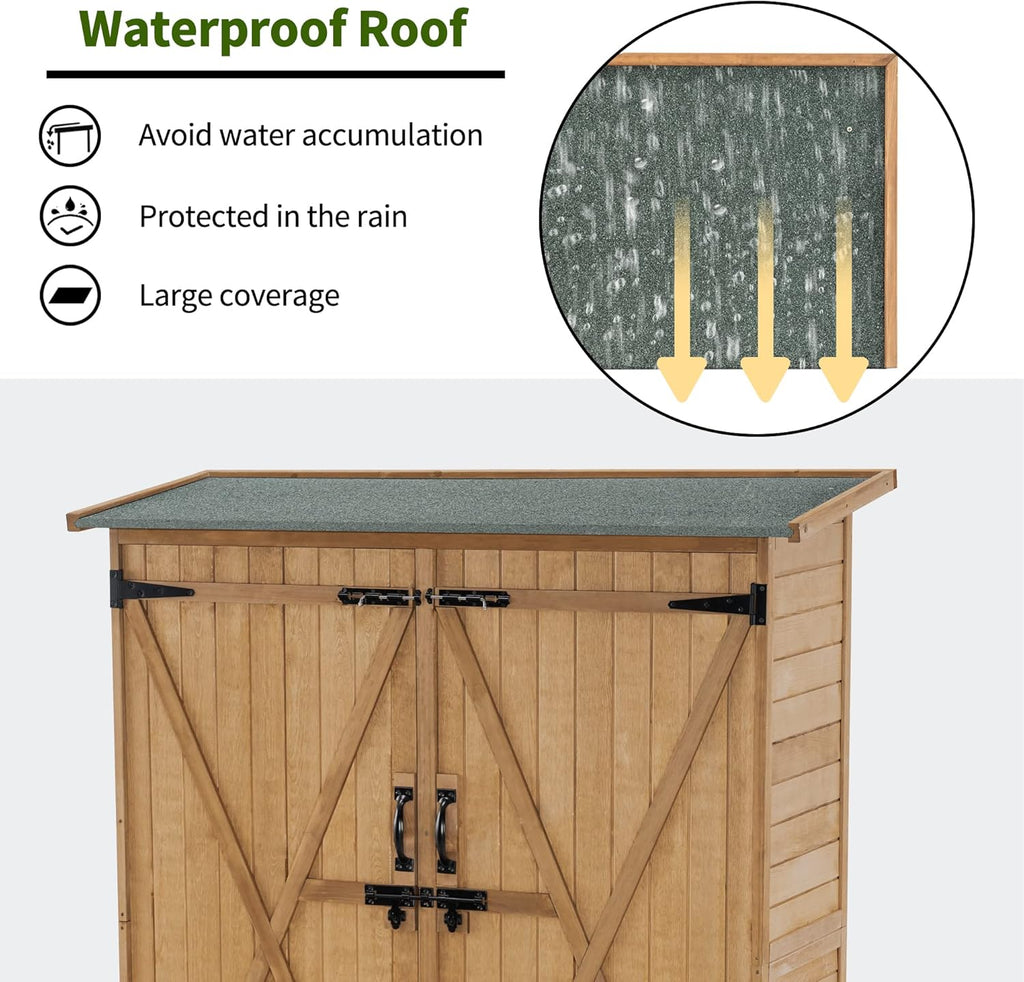MCombo Outdoor Storage Cabinet with Shelves, Wood Garden Shed with Floor, Outside Tool Shed with 2 Lockable Doors for Yard Patio Lawn, 1400 (Natural)
