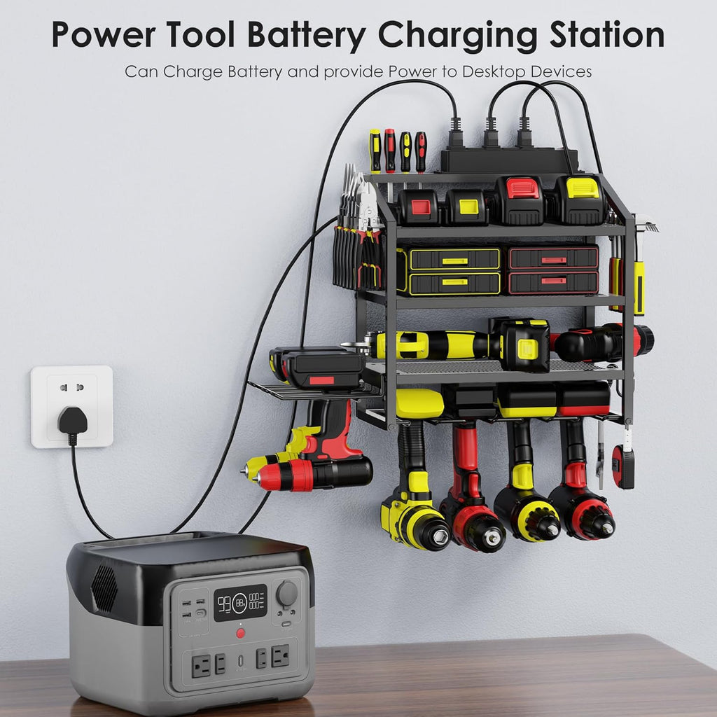 Power Tool Organizer Wall Mount with Charging Station, 4 Layer Storage Rack and Tool Holder for Garage Organization, 6 Drill Holder Wall Mount, 4 Hooks and 6 Outlet Power Strip, Great Men's Gift