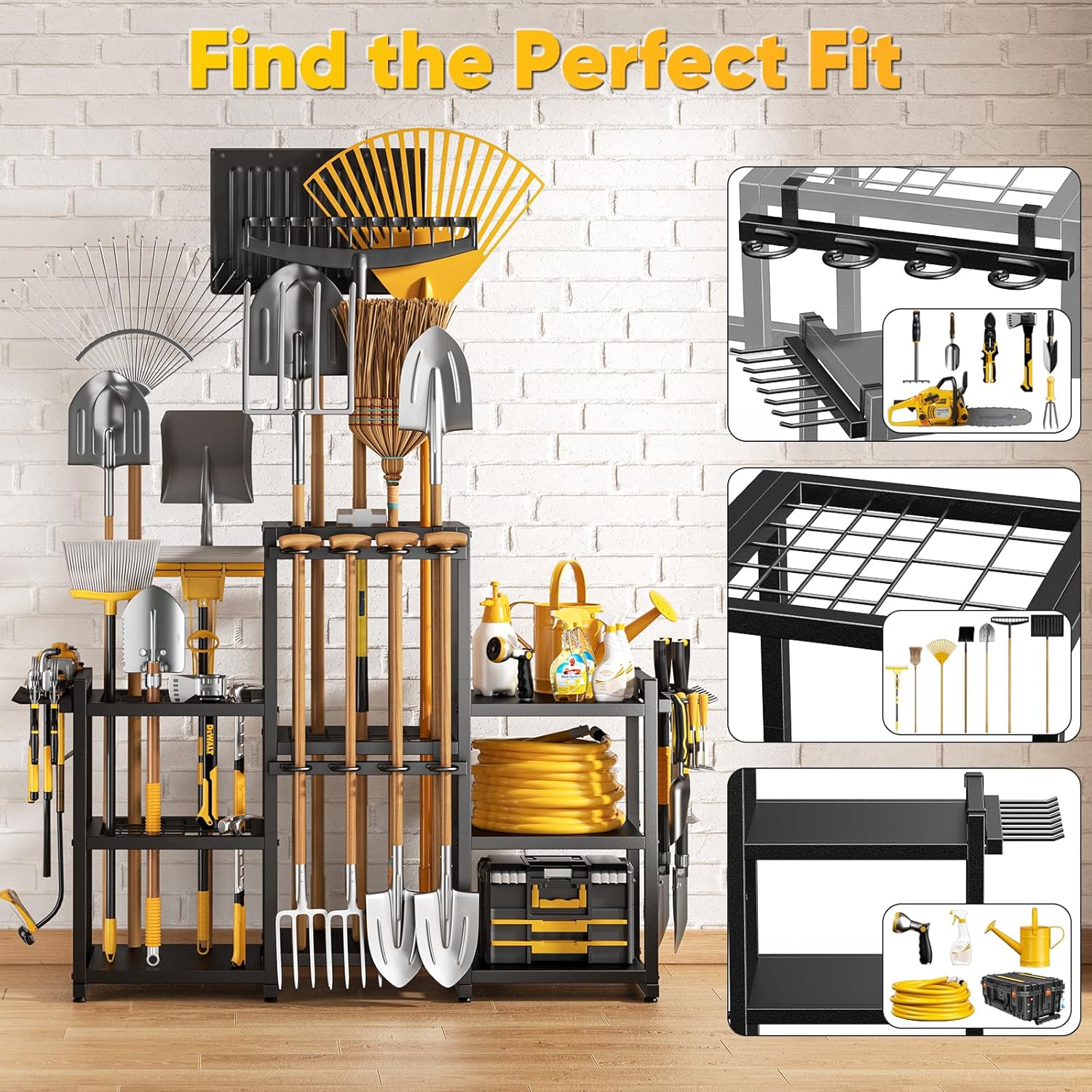 42" H Large Garden Tool Organizer, Holds Up to 86 Tools, Heavy Duty Yard Tool Organizer for Garage, 61“ Wide Lawn Freestanding Tool Storage Rack for Outdoor Shed Tool Rake, Shovel, Brooms