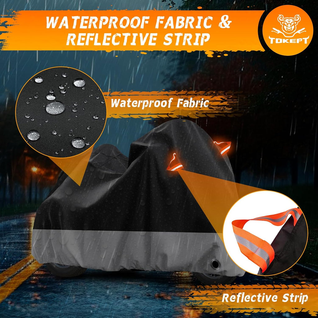 Trike Motorcycle Cover, Outdoor Waterproof Vehicle Cover with Windproof Buckle Reflective Strip for Harley Davidson, Honda Gold Wing, Kawasaki 3 Wheel Motorcycle Accessories (Black&Grey)