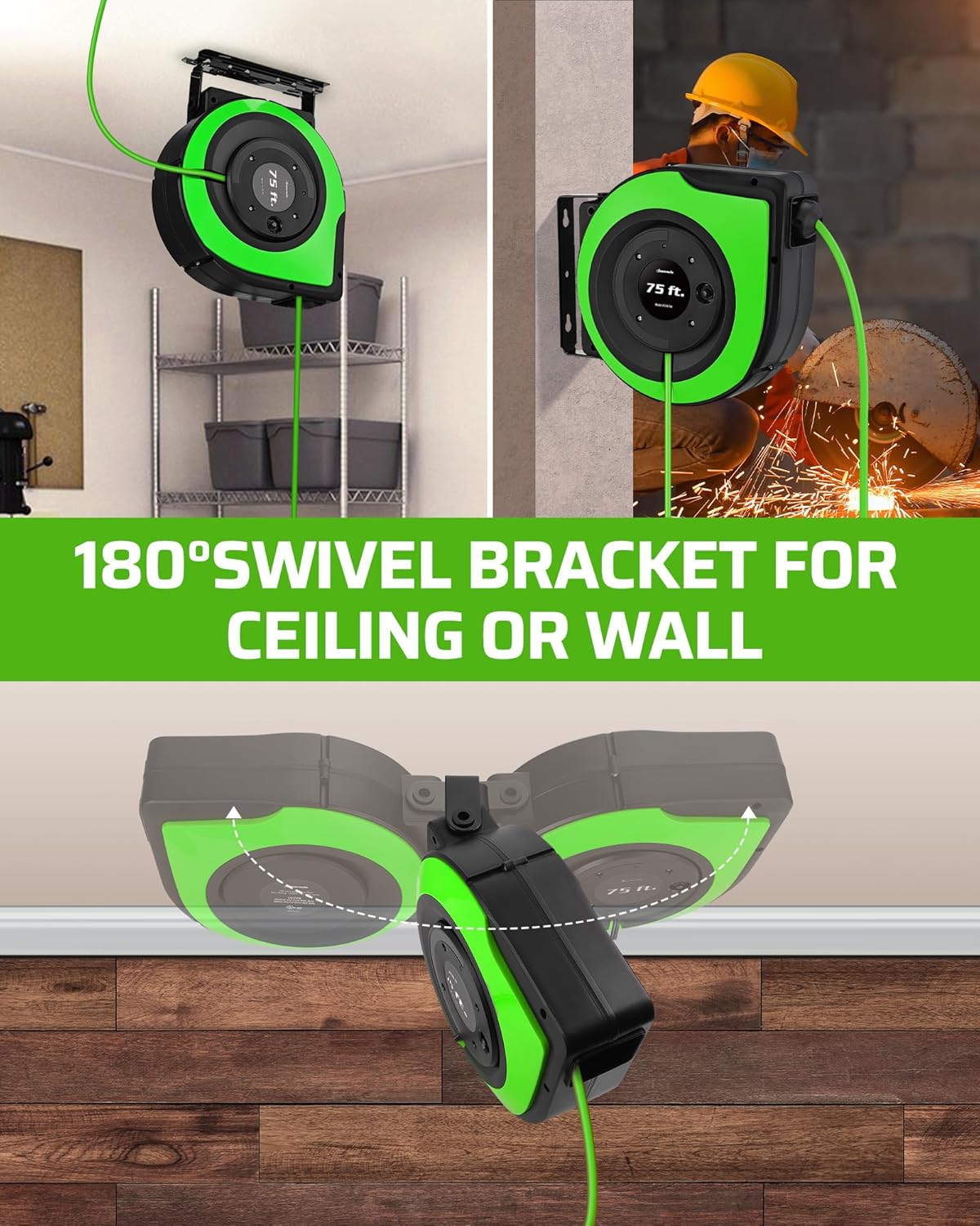 DEWENWILS Retractable Extension Cord Reel, 75 FT Heavy Duty Power Cord, 14/3C SJTOW Retractable Cord Reel, Lighted Triple Outlets, 10A Circuit Breaker, Wall/Ceiling Mount, UL Listed, Green