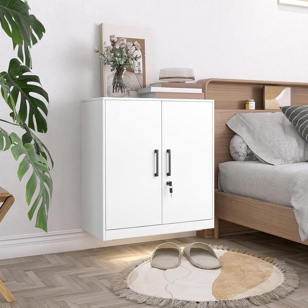 LUCYPAL Locking Storage Cabinets,Metal Cabinet with Adjustable Shelves and 2 Doors,Steel Counter Cabinet with Lockable Doors for Home Office (White)